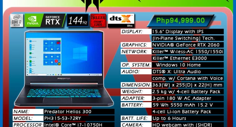 Laptop ACER PREDATOR HELIOS 300 CORE i7 – PH315-53
