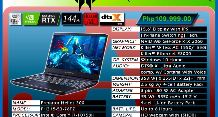 Laptop ACER PREDATOR HELIOS 300 CORE i7 – PH315-53